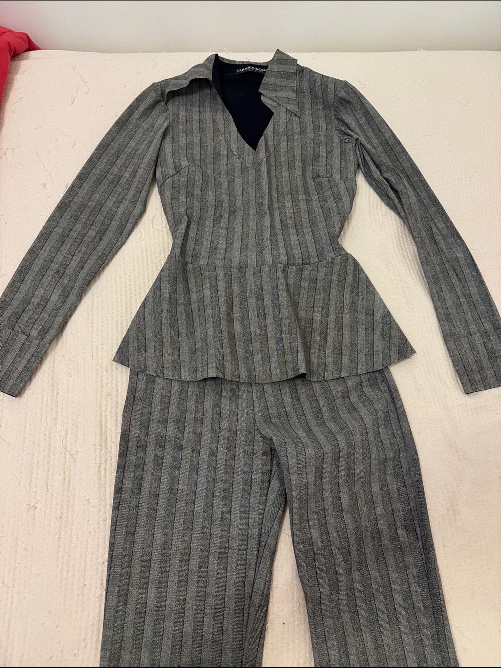 Chiara Boni Vintage Gray Pinstripe Peplum Top and Pants Set - Women